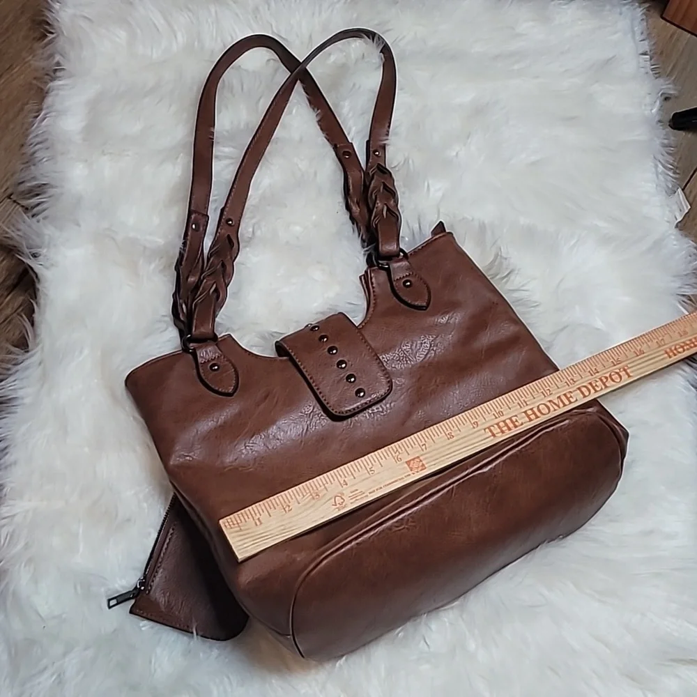 Sam & Hadley Brown Vegan Leather Boho Shoulder Bag Tote Purse